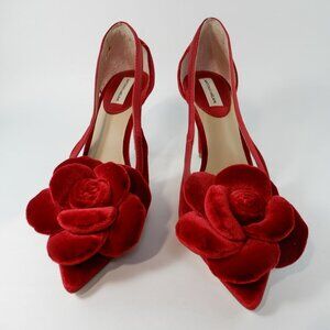 ANTONIO MELANI Ester Velvet Red Flower Heel Pumps Size 6.5 Pointed Toe NEW
